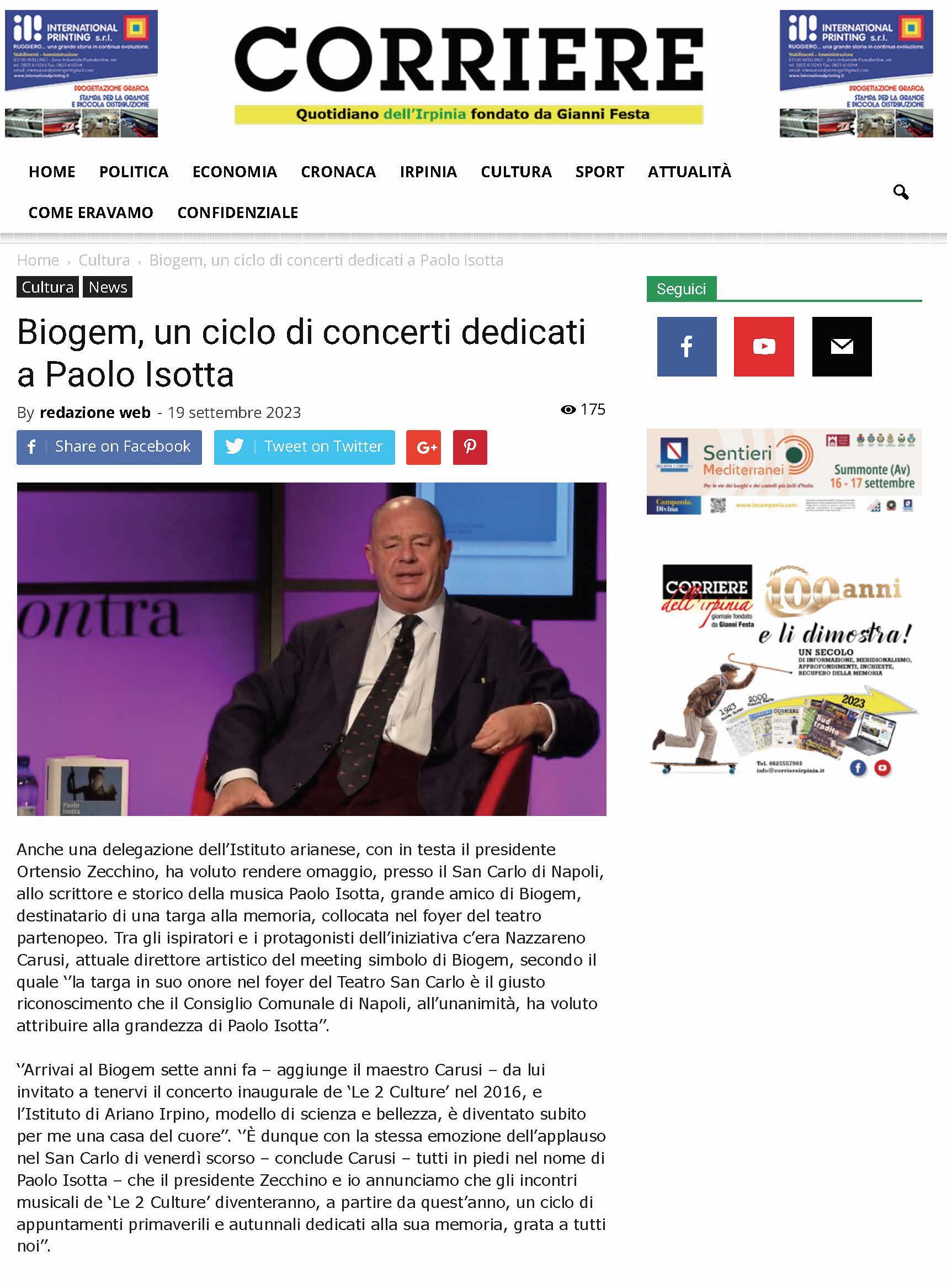 Biogem, un ciclo di concerti dedicati a Paolo Isotta
